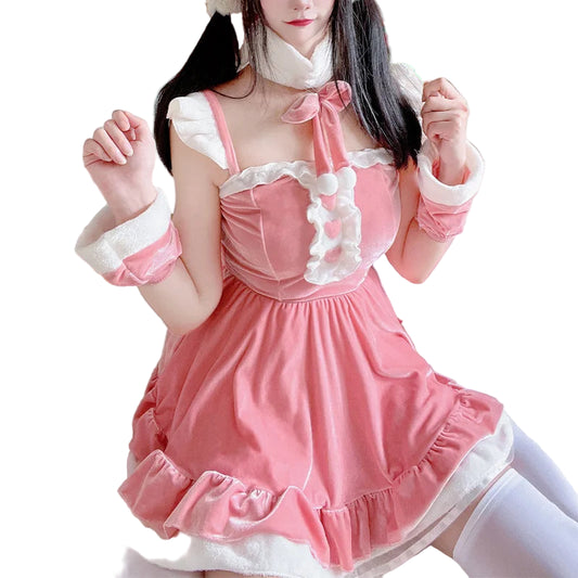 Person wearing a pink and white bunny cosplay costume with a velvet sweetheart Lolita dress, matching headwear, and a necklace.